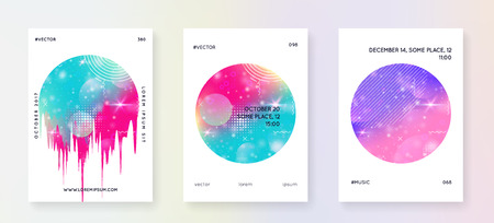 Music flyer. Fluid holographic gradient shape and line. Electronic sound. Night dance holiday. Bright invitation design set for trance event. Music flyer and poster for summer fest.のイラスト素材