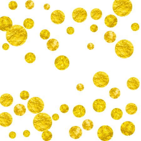 Wedding glitter confetti with dots on isolated backdrop. Falling sequins with shimmer and sparkles. Design with gold wedding glitter for greeting card, bridal shower and save the date invite.のイラスト素材