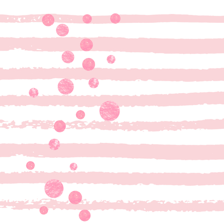 Pink glitter confetti with dots on white stripes. Falling sequins with metallic shimmer. Design with pink glitter confetti for party invitation, banner, greeting card, bridal shower.のイラスト素材