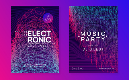 Music fest. Creative concert magazine set. Dynamic gradient shape and line. Music fest neon flyer. Electro dance. Electronic trance sound. Techno dj party. Club event poster.のイラスト素材