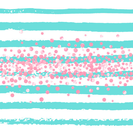 Pink glitter dots confetti on turquoise stripes. Shiny falling sequins with shimmer and sparkles. Template with pink glitter dots for greeting card, bridal shower and save the date invite.のイラスト素材