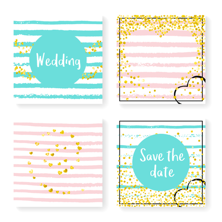 Wedding glitter confetti on stripes. Invitation set. Gold hearts and dots on pink and mint background. Design with wedding glitter for party, event, bridal shower, save the date card.のイラスト素材