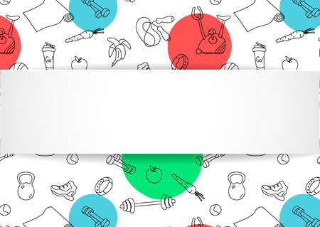 Fitness banner with hand drawn gym pattern and 3d paper plate. Doodle icons for healthy workout and exercise. Sport lifestyle line art. Stylish fitness banner for sales, special offers, flyers and ad.のイラスト素材