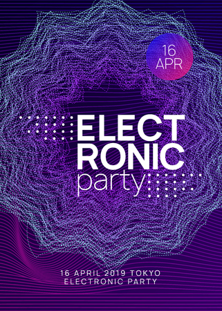Techno event. Modern concert magazine design. Dynamic gradient shape and line. Neon techno event flyer. Electro dance music. Electronic sound. Trance fest poster. Club dj party.のイラスト素材