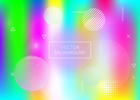 Liquid shapes background with dynamic fluid. Holographic bauhaus gradient with memphis elements. Graphic template for flyer, ui, magazine, poster, banner and app. Fluorescent liquid shapes background.のイラスト素材