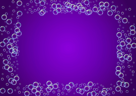 Cleaning foam. Soap bubble. Detergent suds for bath. Shampoo. 3d vector illustration concept. Bright spray and splash. Realistic water frame and border. Purple colorful liquid cleaning foam.のイラスト素材