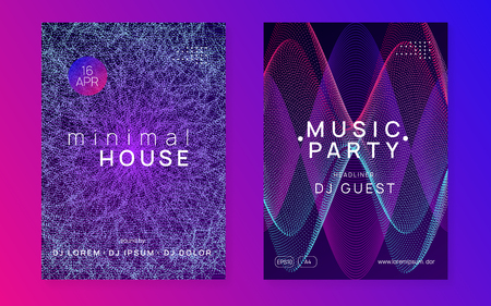 Music flyer. Minimal discotheque cover set. Dynamic fluid shape and line. Neon music flyer. Electro dance dj. Electronic sound fest. Techno trance party. Club event poster.のイラスト素材