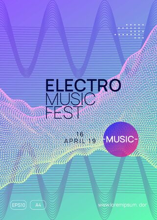 Neon flyer. Dynamic gradient shape and line. Futuristic discotheque banner template. Neon flyer trance event. Techno dj party. Electro dance music. Electronic sound. Club fest poster.のイラスト素材