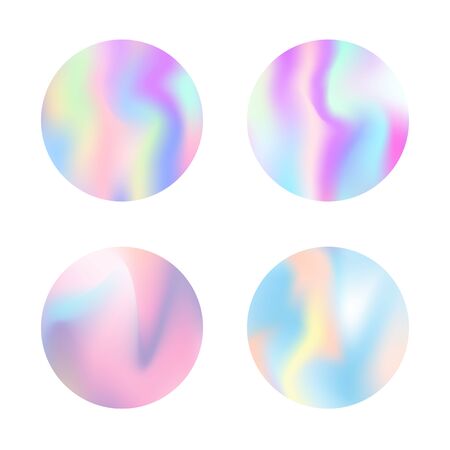 Gradient round set with holographic mesh. Liquid abstract gradient round set backdrops. 90s, 80s retro style. Iridescent graphic template for brochure, flyer, poster, wallpaper, mobile screen.の写真素材