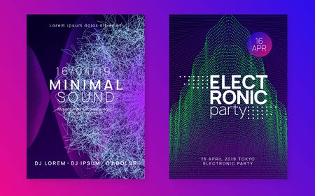 Gradient party flyer. Energy discotheque banner set. Dynamic fluid shape and line. Gradient party flyer. Electro dance music. Electronic trance sound. Club dj poster. Techno event.のイラスト素材
