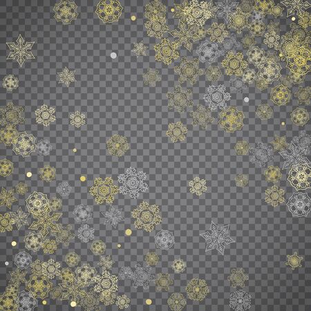 Isolated snowflakes on transparent grey background. Gold glitter snow. Winter sales, Christmas and New Year design for party invitation, banner, sale. Winter window. Magic crystal isolated snowflakes.のイラスト素材