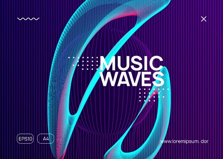 Abstract music. Dynamic fluid shape and line. Geometric show brochure design. Abstract music flyer. Techno dj party. Electro dance event. Electronic trance sound. Club poster.のイラスト素材