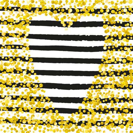 Gold glitter dots confetti on black stripes. Falling sequins with shimmer and sparkles. Template with gold glitter dots for party invitation, event banner, flyer, birthday card.のイラスト素材