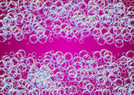 Bubble background with shampoo foam and detergent soap. 3d vector illustration concept. Bright spray and splash. Realistic water frame and border. Purple colorful liquid bubble background.のイラスト素材