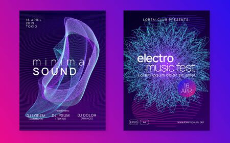 Club flyer. Dynamic fluid shape and line. Curvy discotheque cover set. Neon club flyer. Electro dance music. Trance party dj. Electronic sound fest. Techno event poster.のイラスト素材