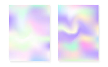 Hologram gradient background set with holographic cover. 90s, 80s retro style. Iridescent graphic template for flyer, poster, banner, mobile app. Colorful minimal hologram gradient.のイラスト素材