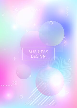 Memphis gradient background with liquid shapes. Dynamic holographic fluid with bauhaus elements. Graphic template for placard, presentation, banner, brochure. Hipster memphis gradient.のイラスト素材