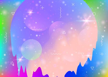 Holographic background with abstract cosmos landscape and future universe. Iridescent mountain silhouette with wavy glitch. Futuristic gradient and shape. 3d fluid. Memphis holographic background.のイラスト素材