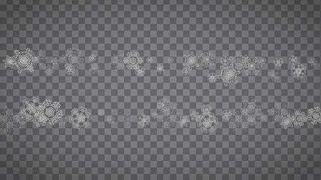 Isolated snowflakes on transparent grey background. Silver glitter snow. Horizontal Christmas and New Year design for party invitation, banner, sale. Winter window. Magic crystal isolated snowflakesのイラスト素材
