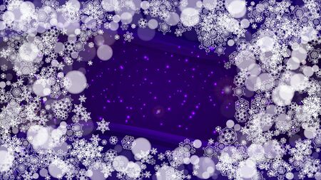 Snow frame with ultraviolet snowflakes. New Year backdrop. Winter border for gift coupons, vouchers, ads, party events. Christmas trendy background. Holiday snowy banner with snow frameのイラスト素材