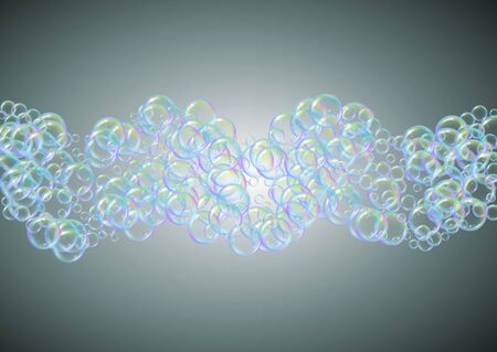 Fizz background with shampoo foam and soap bubbles. 3d vector illustration layout. Bright spray and splash. Realistic water frame and border. Grey colorful liquid fizz.のイラスト素材