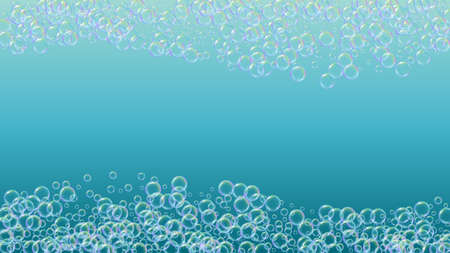 Cleaning foam. Soap bubble. Detergent suds for bath. Shampoo. 3d vector illustration flyer. Multicolor spray and splash. Realistic water frame and border. Blue colorful liquid cleaning foam.のイラスト素材
