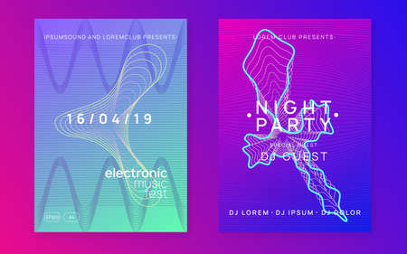 Dynamic fluid shape and line. Minimal concert banner set. Electron trance music. Techno dj party. Electronic sound event. Club dance poster.のイラスト素材