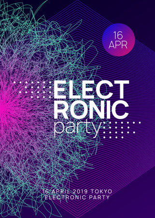 Club flyer. Modern discotheque magazine layout. Dynamic gradient shape and line. Neon club flyer. Electro dance music. Trance party dj. Electronic sound fest. Techno event poster.のイラスト素材