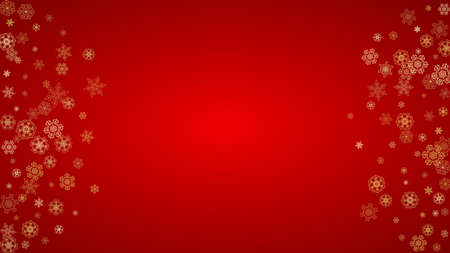 Christmas snowflakes on red background. Horizontal glitter frame for winter banner, gift coupon, voucher, ads, party event. Santa Claus color with golden Christmas snowflakes. Falling snow for holidayのイラスト素材