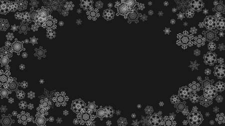 Silver snowflakes frame on black background. Horizontal shiny Christmas and New Year frame for gift certificate, ads, banners, flyers. Falling snow with glitter silver snowflakes for party inviteのイラスト素材