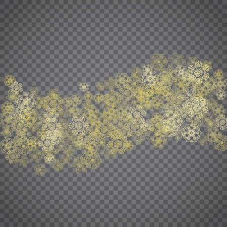 Isolated snowflakes on transparent grey background. Gold glitter snow. Winter sales, Christmas and New Year design for party invitation, banner, sale. Winter window. Magic crystal isolated snowflakes.のイラスト素材