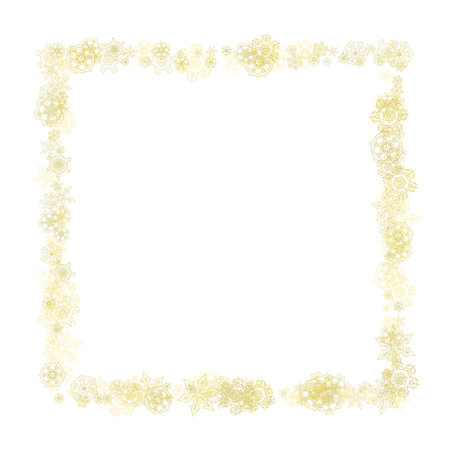 Glitter snowflakes frame on white background. Winter window. Shiny Christmas and New Year frame for gift certificate, ads, banners, flyers. Falling snow with golden glitter snowflakes for party inviteのイラスト素材