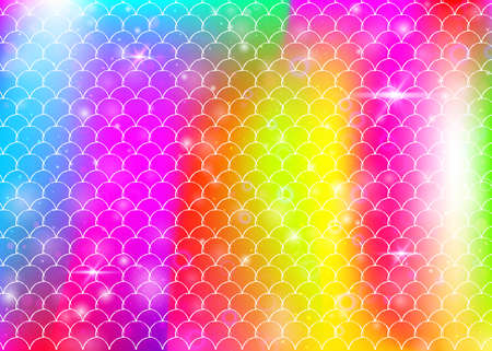 Rainbow scales background with kawaii mermaid princess pattern.のイラスト素材