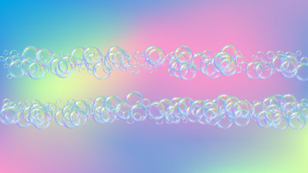 Soap foam. Detergent bath bubble and suds for bathtub. Shampoo. Stylish fizz and splash. Realistic water frame and border. 3d vector illustration poster. Rainbow colorful liquid soap foam.のイラスト素材