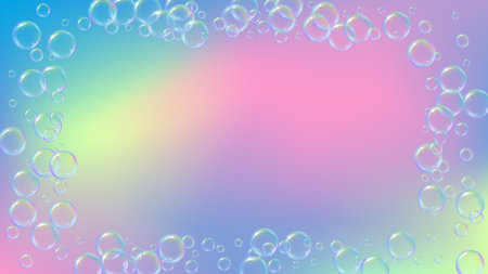 shampoo bubble. Detergent bath foam, suds and soap for bathtub. Creative fizz and splash. Realistic water frame and border. 3d vector illustration poster. Rainbow colorful liquid shampoo bubble.のイラスト素材