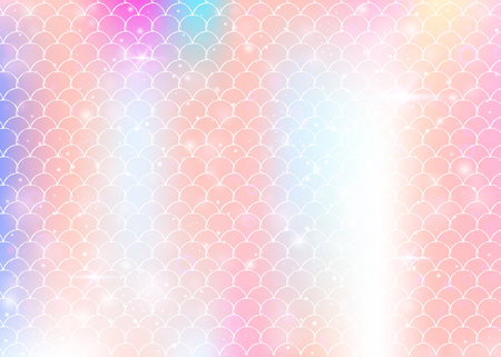 Princess mermaid background with kawaii rainbow scales pattern. Fish tail banner with magic sparkles and stars. Sea fantasy invitation for girlie party. Iridescent princess mermaid backdrop.のイラスト素材