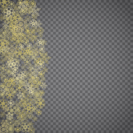 Isolated snowflakes on transparent gray background. Gold glitter snow. Winter sales, Christmas and New Year design for party invitation, banner, sale. winter window. Magic crystal isolated snowflakes.のイラスト素材