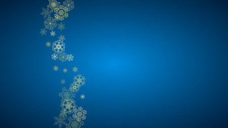New Year snow on blue background. Gold glitter snowflakes. Christmas and New Year snow falling backdrop. For season sales, special offers, banner, cards, party invite, flyer. Horizontal frosty winter.のイラスト素材