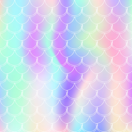 Mermaid scales background with holographic gradient. Bright color transitions. Fish tail banner and invitation. Underwater and sea pattern for girlie party. Fluorescent backdrop with mermaid scales.のイラスト素材