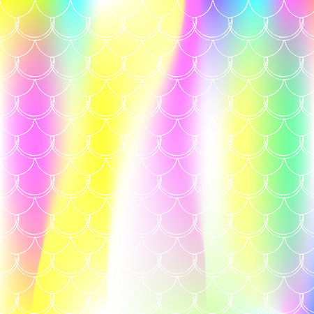 Holographic scale background with gradient mermaid. Bright color transitions. Fish tail banner and invitation. Underwater and sea pattern for girlie party. Colorful backdrop with holographic scale.のイラスト素材