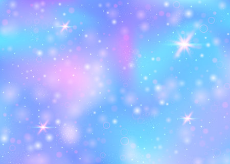 Unicorn background with rainbow mesh. Mystical universe banner in princess colors. Fantasy gradient backdrop with hologram. Holographic unicorn background with magic sparkles, stars and blurs.のイラスト素材