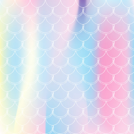 Gradient mermaid background with holographic scales. Bright color transitions. Fish tail banner and invitation. Underwater and sea pattern for girlie party. Stylish backdrop with gradient mermaid.のイラスト素材