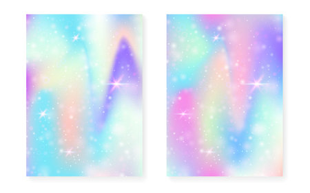 Rainbow background with kawaii princess gradient. Magic unicorn hologram. Holographic fairy set. colorful fantasy cover. Rainbow background with sparkles and stars for cute girl party invitation.のイラスト素材