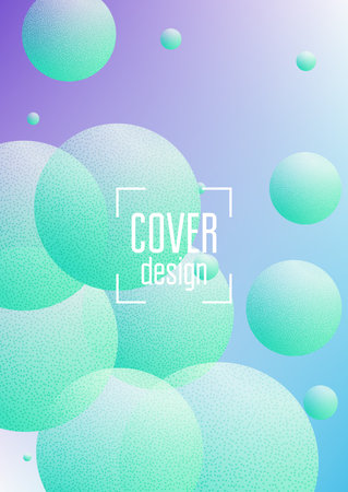 Minimal shapes cover with holographic fluid and halftone dots texture. Gradient shapes on vibrant background. Modern template for placard, presentation, banner. Minimal shapes cover in neon colors.のイラスト素材