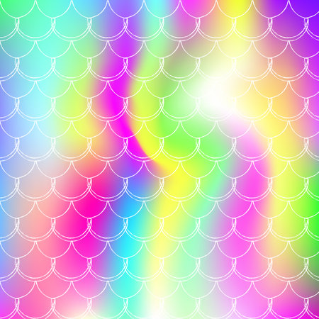 Mermaid scales background with holographic gradient. Bright color transitions. Fish tail banner and invitation. Underwater and sea pattern for girlie party. Plastic backdrop with mermaid scales.のイラスト素材
