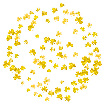 Shamrock background for Saint Patricks Day. Lucky trefoil confetti. Glitter frame of clover leaves. Template for special business offer, banner, flyer. Decorative shamrock background.のイラスト素材
