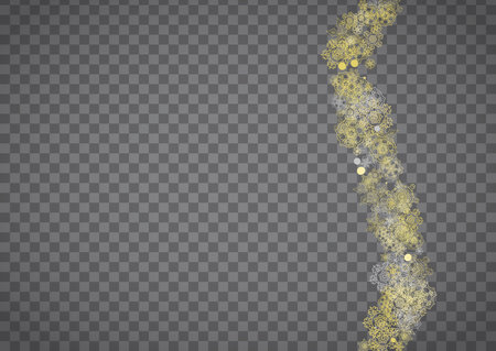 Isolated snowflakes on horizontal transparent gray background. Gold glitter snow. Winter sales, Christmas and New Year design for party invitation, banner, sale. Magic crystal isolated snowflakes.のイラスト素材