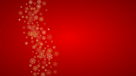 Christmas snowflakes on red background. Horizontal glitter frame for winter banner, gift coupon, voucher, ads, party event. Santa Claus color with golden Christmas snowflakes. Falling snow for holidayのイラスト素材