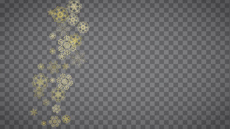 Isolated snowflakes on horizontal transparent gray background. Gold glitter snow. Winter sales, Christmas and New Year design for party invitation, banner, sale. Magic crystal isolated snowflakes.のイラスト素材