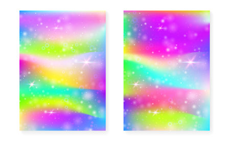 Magic background with princess rainbow gradient. Kawaii unicorn hologram. Holographic fairy set. Vibrant fantasy cover. Magic background with sparkles and stars for cute girl party invitation.のイラスト素材